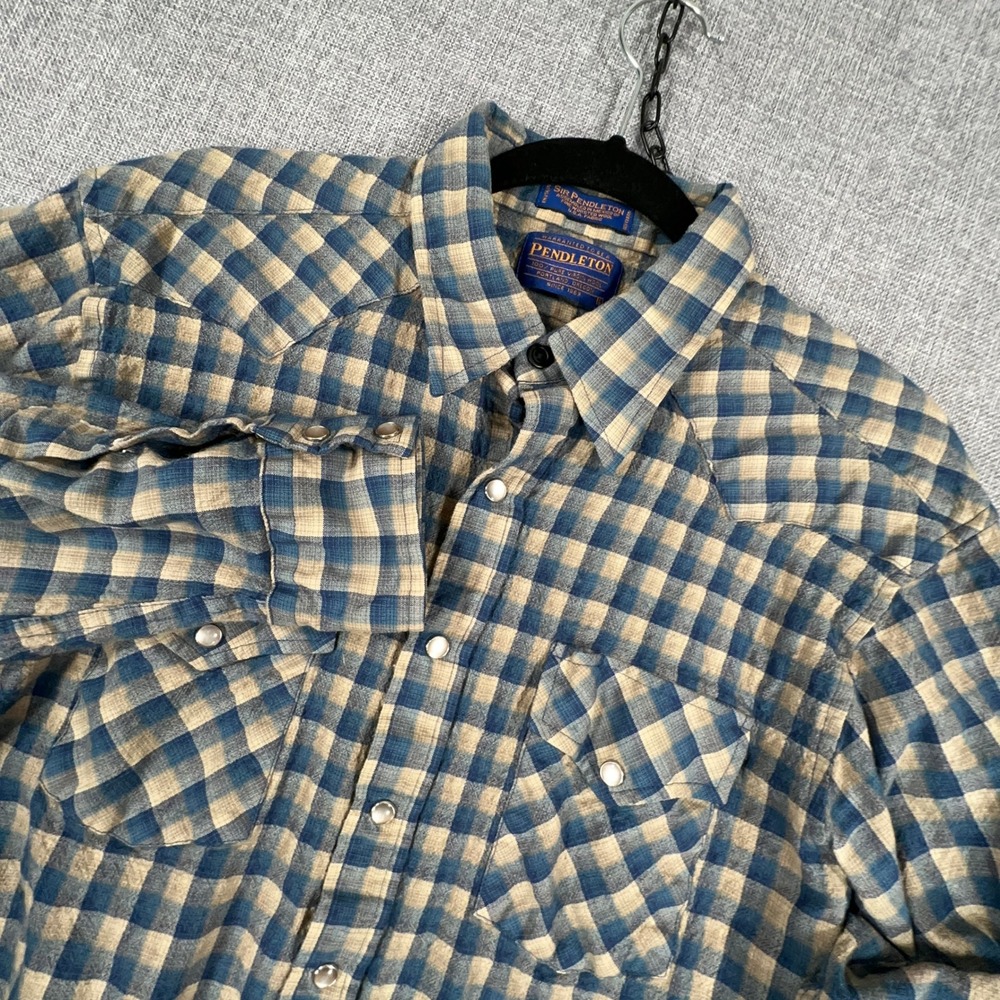 Vintage Y2K Pendleton Pearl Snap Western Shirt Mens L Slim Fit Gingham 100% Wool